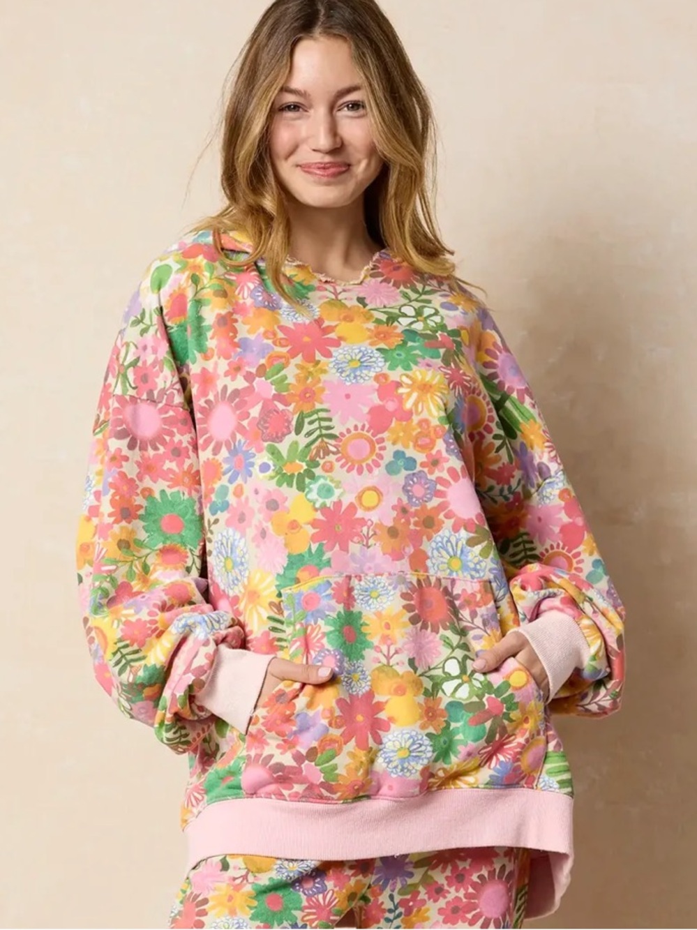 NATURAL LIFE Oversized Printed Pink Floral Hoodie